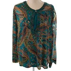 KAKTUS Womens Sheer Beaded Metallic Tunic Top Blouse Aqua Paisley Pattern